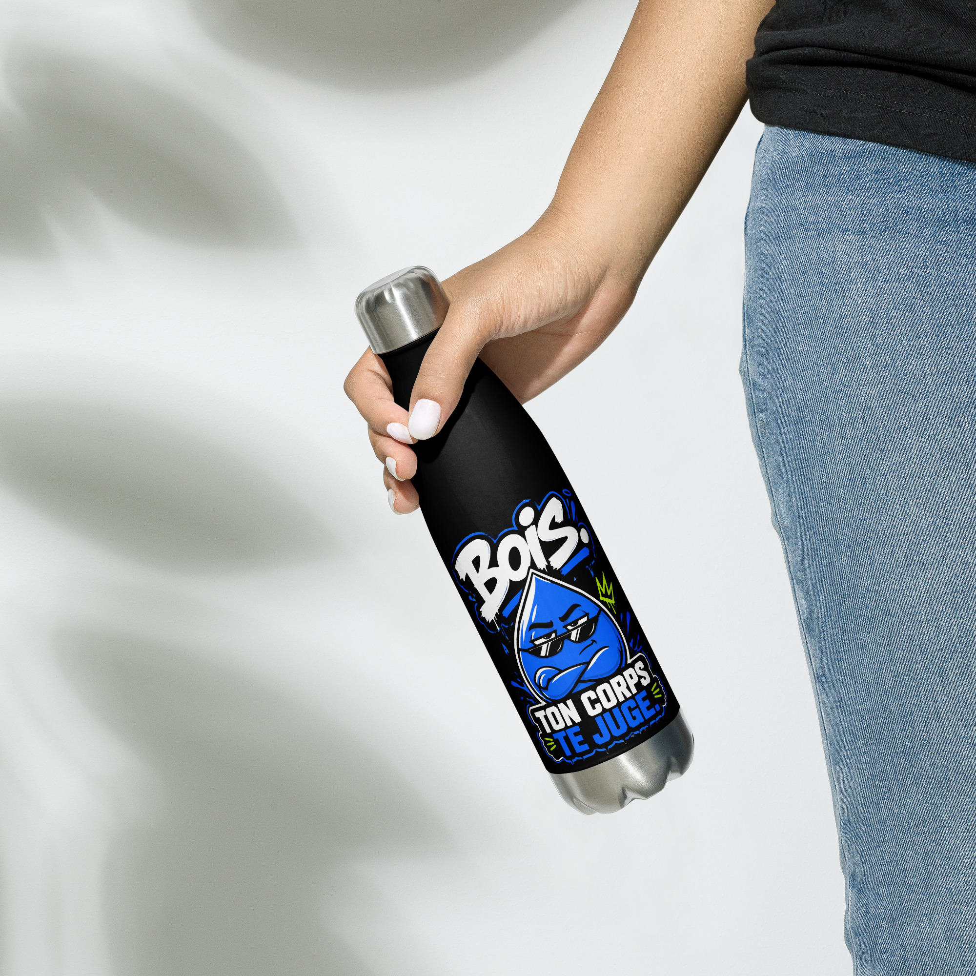 Gourde isotherme noire « Bois. Ton corps te juge. » – 500 ml