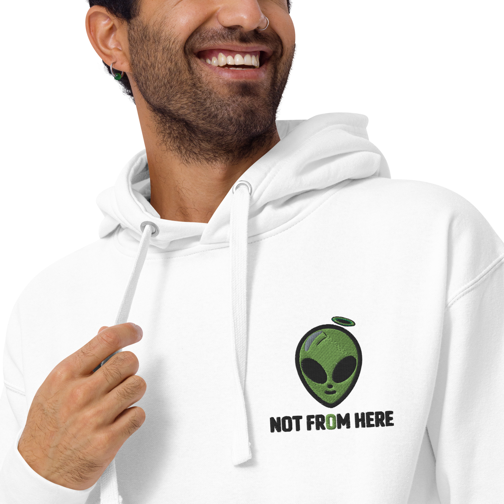 Sweat à capuche alien « Not from Here » – Hoodie brodé unisexe