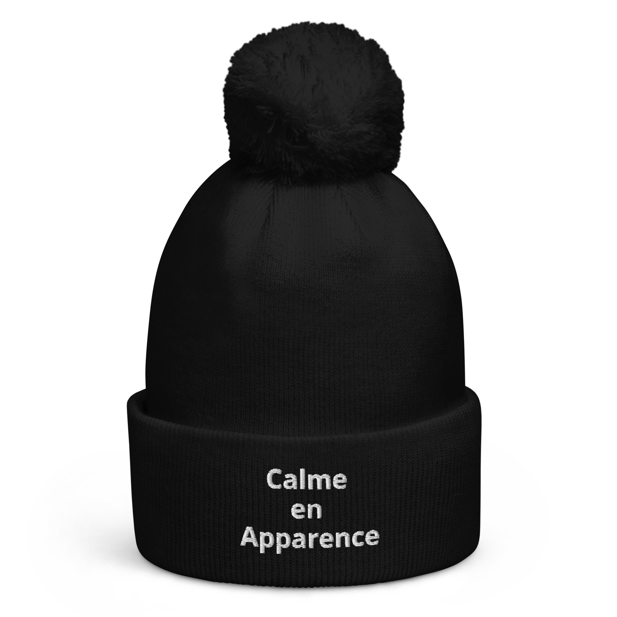 Bonnet à pompon Calme en apparence – Broderie blanche unisexe –  Divers coloris