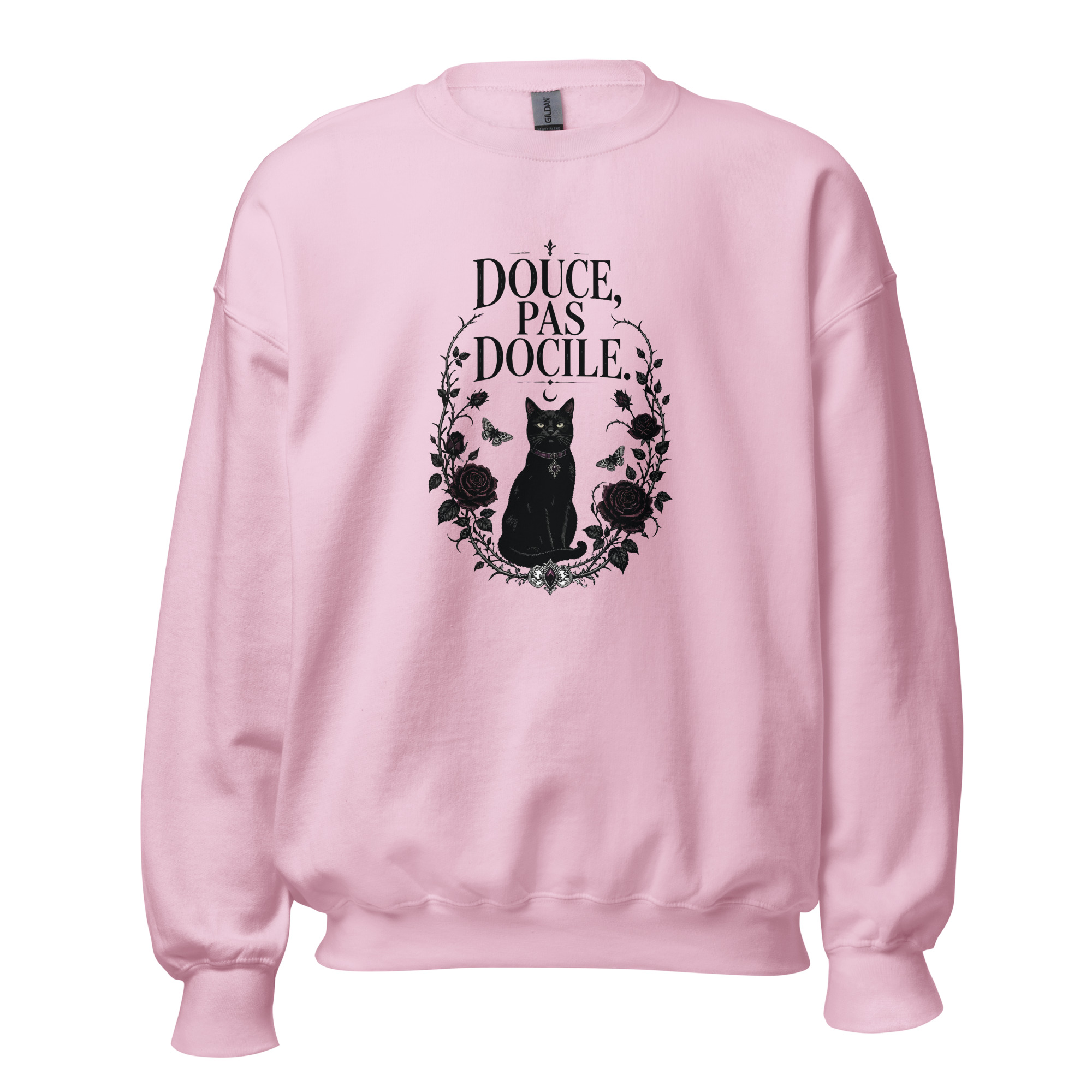 Sweat femme « Douce, pas docile » – Chat noir et fleurs gothiques – Divers coloris
