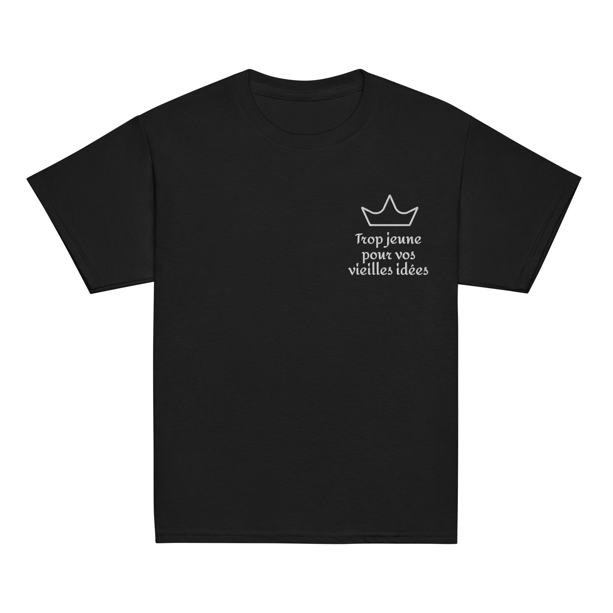 T-shirt enfant et ado brodé « Trop jeune pour vos vieilles idées » – Divers coloris